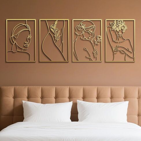 Eilopaa 4 Pack Gold Wall Art Décor for living room, Metal Minimalist Abstract Wall Décor bathroom, Single Line Woman's Body Shape Modern Wall Art, Size 17 X 11.8 inches in Saudi Arabia