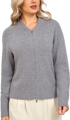 Zip Up Sweater for Women - 100% Merino Wool Cardigan 2-Way Hidden Knit Open Front Jacket with Baseball Collar Outwear in Saudi Arabia