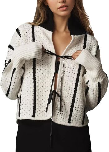 Ladyful Women's Cropped Cardigan Sweater Tie Front Striped Long Sleeve Crochet Tops Fall Trendy Knit Outfits in Saudi Arabia