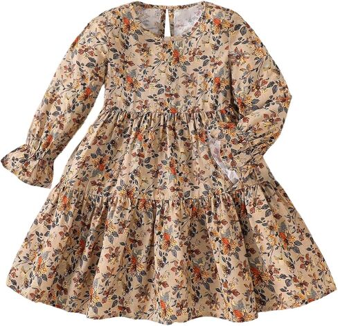 Verdusa Toddler Girl's Boho Floral Tiered Fall Dresses Vacation Puff Sleeve Ruffle Smock Dress in Saudi Arabia