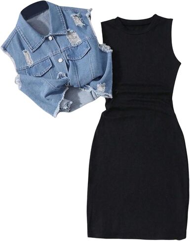 WDIRARA Girl's 2 Piece Outfits Knit Bodycon Tank Dress Ripped Denim Vest Jacket Set in Saudi Arabia