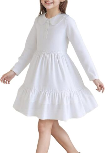 Girls Ruffle Trim Dress Solid Color A-line Swing Tiered Casual Skirt Lapel Party Dresses 2-8T in Kuwait