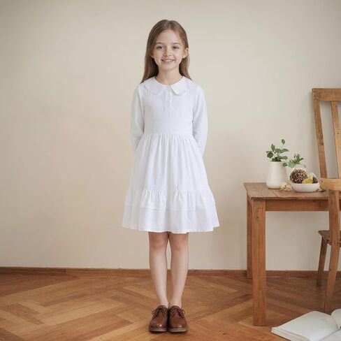 Girls Ruffle Trim Dress Solid Color A-line Swing Tiered Casual Skirt Lapel Party Dresses 2-8T in Kuwait