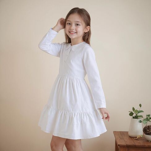 Girls Ruffle Trim Dress Solid Color A-line Swing Tiered Casual Skirt Lapel Party Dresses 2-8T in Kuwait