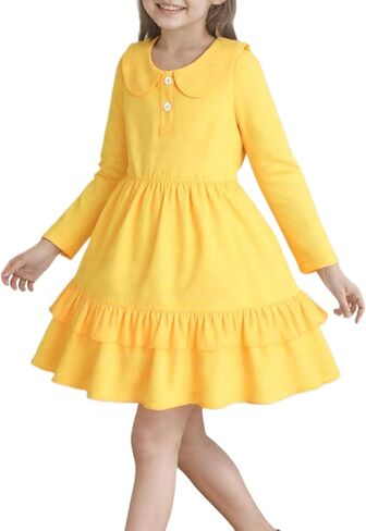 Girls Ruffle Trim Dress Solid Color A-line Swing Tiered Casual Skirt Lapel Party Dresses 2-8T in Kuwait