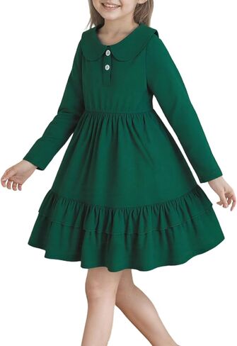 Girls Ruffle Trim Dress Solid Color A-line Swing Tiered Casual Skirt Lapel Party Dresses 2-8T in Kuwait