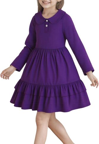 Girls Ruffle Trim Dress Solid Color A-line Swing Tiered Casual Skirt Lapel Party Dresses 2-8T in Kuwait