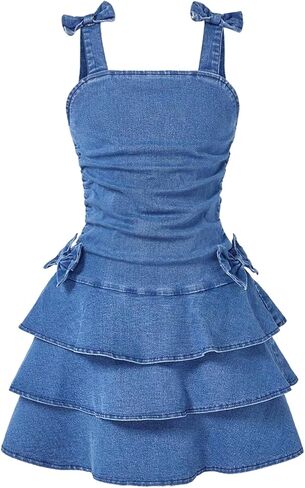 WDIRARA Girl's Layered Ruffle Denim Dress Bow Ruched Sleeveless A Line Jean Dresses in Saudi Arabia