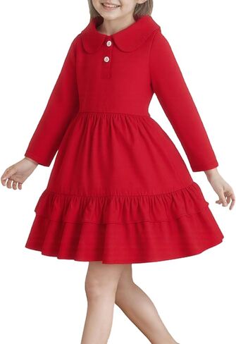Girls Ruffle Trim Dress Solid Color A-line Swing Tiered Casual Skirt Lapel Party Dresses 2-8T in Kuwait