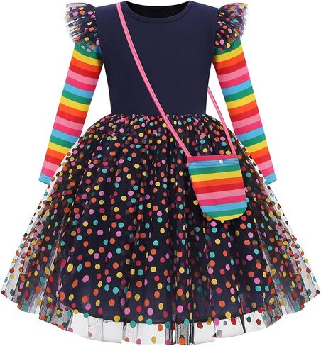 Toddler Girls Dresses Long Sleeve Rainbow Tutu Dress Fall Winter School Holiday Party Casual Dress 3-8Y in Saudi Arabia