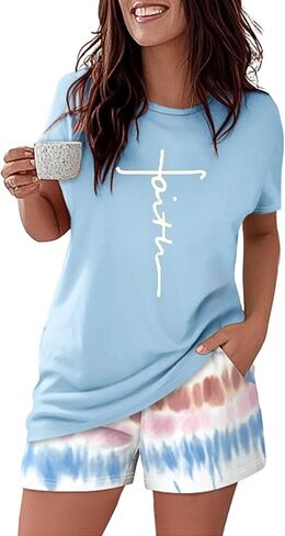 CHICME Pajamas Set for Women 2 Piece Pjs Lounge Set Soft Short Sleeve Tops and Sleep Shorts with Pocket in Saudi Arabia