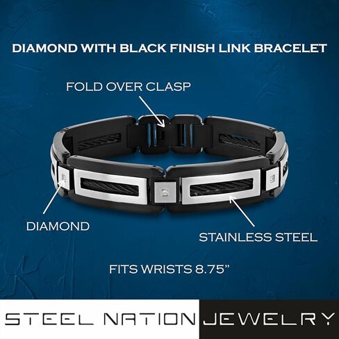 Men's -Accented Stainless Steel Link Bracelet with Black Finish 8.75" in Saudi Arabia