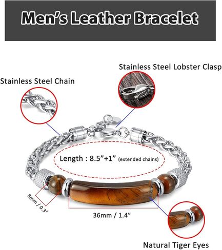 Zysta Stainless Steel Cuban Link Bracelet for Men Tiger Eye Healing Stone Bracelet Hypoallergenic Sliver Chakra Crystal Link Bracelets Adjustable Chain Bracelets for Men in Saudi Arabia