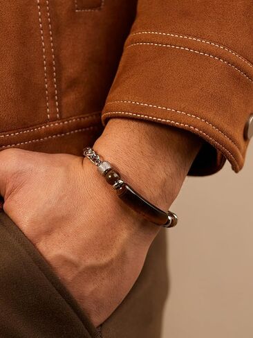 Zysta Stainless Steel Cuban Link Bracelet for Men Tiger Eye Healing Stone Bracelet Hypoallergenic Sliver Chakra Crystal Link Bracelets Adjustable Chain Bracelets for Men in Saudi Arabia