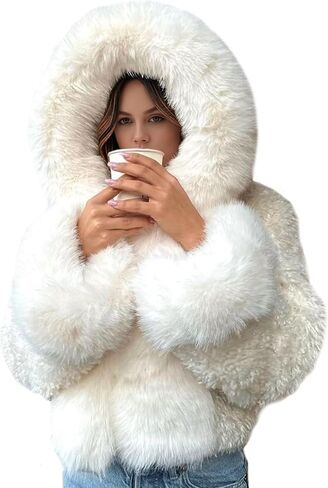 Wyeysyt Women's Faux Fur Coats with Hood Winter Warm Cropped Hoodie Jacket Long Sleeve Thick Short Outerwear with Pockets in Saudi Arabia