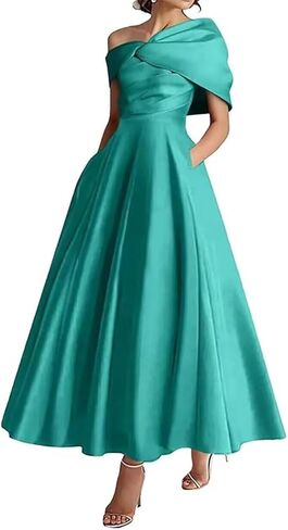Women's One Shoulder Mother of The Bride Dresses Long Ruffle Satin A Line Formal Evening Gowns with Pockets in Saudi Arabia