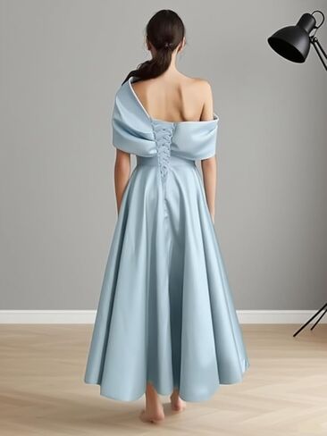 Women's One Shoulder Mother of The Bride Dresses Long Ruffle Satin A Line Formal Evening Gowns with Pockets in Saudi Arabia