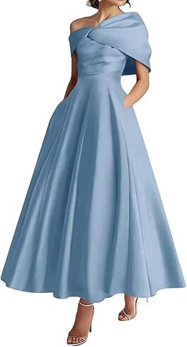 Women's One Shoulder Mother of The Bride Dresses Long Ruffle Satin A Line Formal Evening Gowns with Pockets in Saudi Arabia