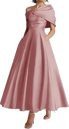 Women's One Shoulder Mother of The Bride Dresses Long Ruffle Satin A Line Formal Evening Gowns with Pockets in Saudi Arabia