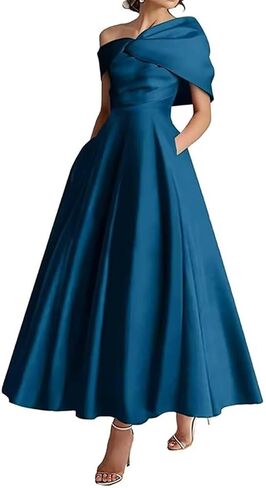 Women's One Shoulder Mother of The Bride Dresses Long Ruffle Satin A Line Formal Evening Gowns with Pockets in Saudi Arabia