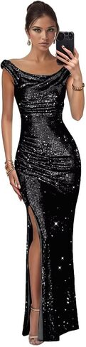 Womens Sequin Prom Dresses Off Shoulder 2026 Sparkly Ruched Long Formal Evening Military Ball Gown P26 in Saudi Arabia