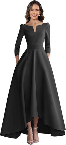 V Neck Mother of The Bride Dresses for Women with Pockets Satin Long Sleeve Formal Evening Dress in Kuwait