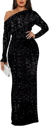 Verngo One Shoulder Long Sleeve Sparkly Sequin Prom Dresses 2026 Mermaid Bodycon Maxi Formal Evening Dress in Saudi Arabia