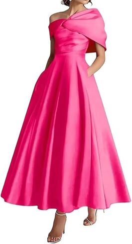 Women's One Shoulder Mother of The Bride Dresses Long Ruffle Satin A Line Formal Evening Gowns with Pockets in Saudi Arabia
