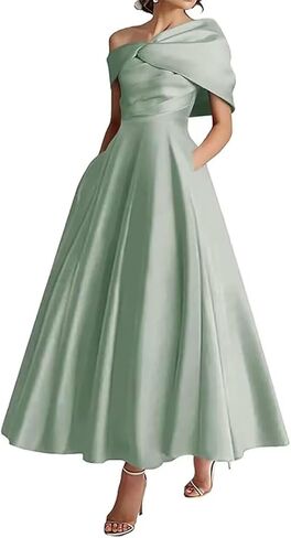 Women's One Shoulder Mother of The Bride Dresses Long Ruffle Satin A Line Formal Evening Gowns with Pockets in Saudi Arabia