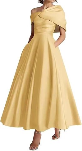 Women's One Shoulder Mother of The Bride Dresses Long Ruffle Satin A Line Formal Evening Gowns with Pockets in Saudi Arabia