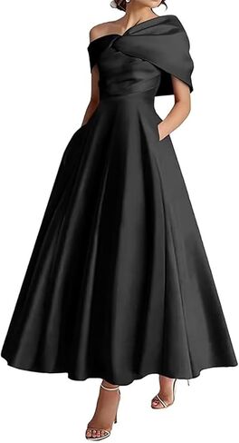 Women's One Shoulder Mother of The Bride Dresses Long Ruffle Satin A Line Formal Evening Gowns with Pockets in Saudi Arabia