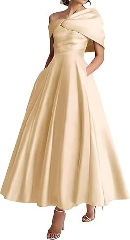 Women's One Shoulder Mother of The Bride Dresses Long Ruffle Satin A Line Formal Evening Gowns with Pockets in Saudi Arabia