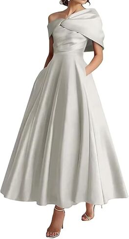Women's One Shoulder Mother of The Bride Dresses Long Ruffle Satin A Line Formal Evening Gowns with Pockets in Saudi Arabia