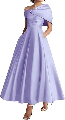 Women's One Shoulder Mother of The Bride Dresses Long Ruffle Satin A Line Formal Evening Gowns with Pockets in Saudi Arabia