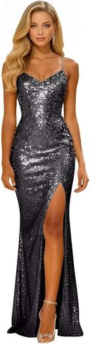 Sparkly Sequin Mermaid Prom Dresses with Slit Long for Women V Neck Spaghetti Straps Formal Evening Dress in Saudi Arabia
