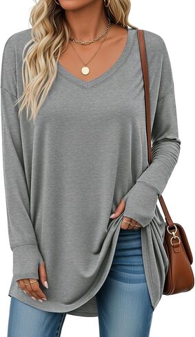 Women's Long Sleeve Shirt Oversized Cotton V Neck Curved Hem Top Knit Casual Loose Fit T-Shirt with Thumb Holes in Saudi Arabia