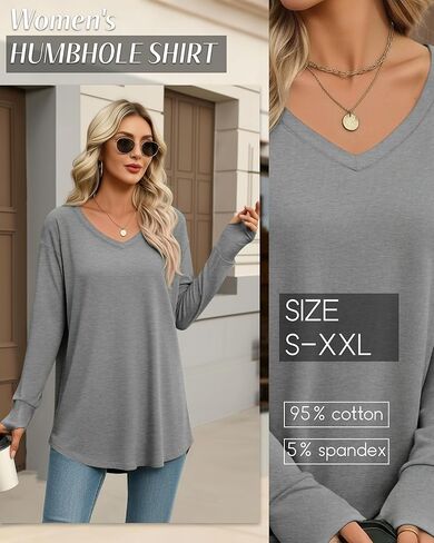 Women's Long Sleeve Shirt Oversized Cotton V Neck Curved Hem Top Knit Casual Loose Fit T-Shirt with Thumb Holes in Saudi Arabia