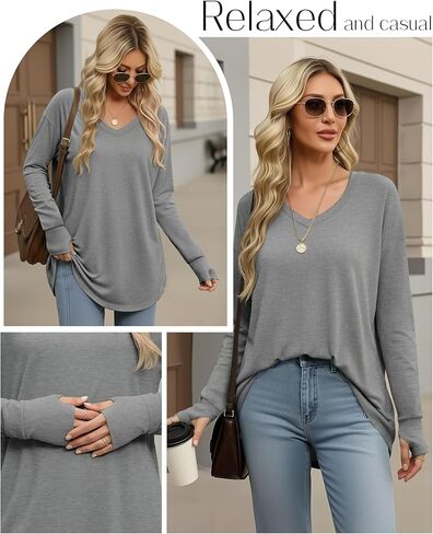 Women's Long Sleeve Shirt Oversized Cotton V Neck Curved Hem Top Knit Casual Loose Fit T-Shirt with Thumb Holes in Saudi Arabia