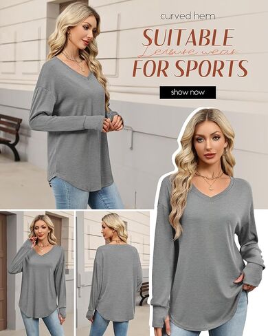 Women's Long Sleeve Shirt Oversized Cotton V Neck Curved Hem Top Knit Casual Loose Fit T-Shirt with Thumb Holes in Saudi Arabia