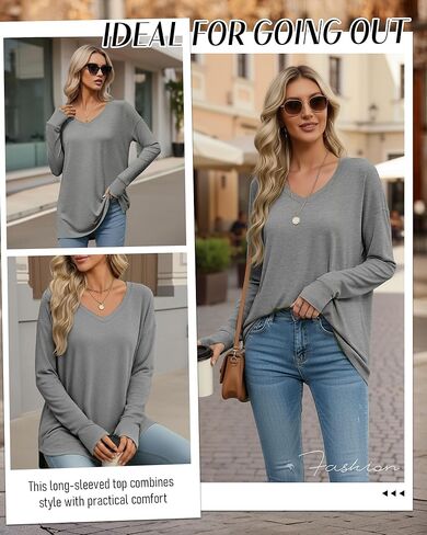 Women's Long Sleeve Shirt Oversized Cotton V Neck Curved Hem Top Knit Casual Loose Fit T-Shirt with Thumb Holes in Saudi Arabia