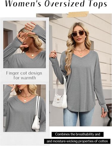 Women's Long Sleeve Shirt Oversized Cotton V Neck Curved Hem Top Knit Casual Loose Fit T-Shirt with Thumb Holes in Saudi Arabia