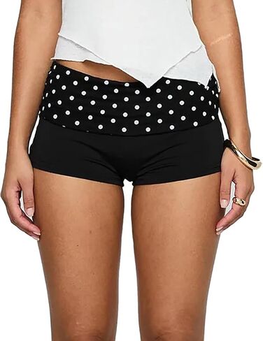 Mxiqqpltky Polka Dot Foldover Shorts for Women Low Waist Bodycon Mini Shorts Y2k Striped Fold Over Pajama Bottoms Loungewear in Kuwait