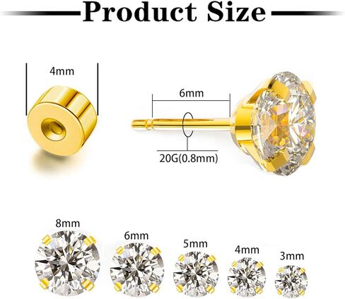 5 Pairs Threadless Flat Back Stud Earrings for Women Men,Cubic Zirconia 3/4/5/6/8mm, Surgical Steel Stud Earrings Sets for Cartilage Helix Tragus Piercing Jewelry in Kuwait