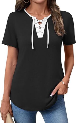 LOMON Women's Lace Up V-Neck T-Shirts Short Sleeve Casual Blouses Summer Tee Tops 2026 in Saudi Arabia