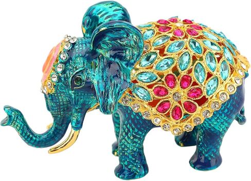 Enamel Lucky Elephant Jewelry Box Trinket Box with Hinged Unique Mini Ring Necklace Jewelry Organizer, Classical Bejeweled Storage, Figurine Collectible Keepsake Home Decor (Gold Blue) in Saudi Arabia