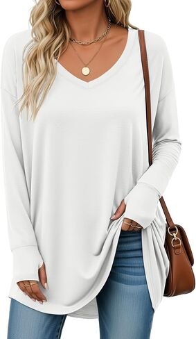 Women's Long Sleeve Shirt Oversized Cotton V Neck Curved Hem Top Knit Casual Loose Fit T-Shirt with Thumb Holes in Saudi Arabia