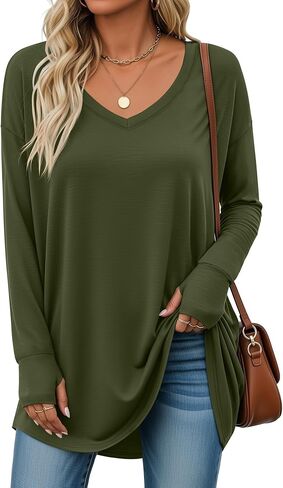 Women's Long Sleeve Shirt Oversized Cotton V Neck Curved Hem Top Knit Casual Loose Fit T-Shirt with Thumb Holes in Saudi Arabia