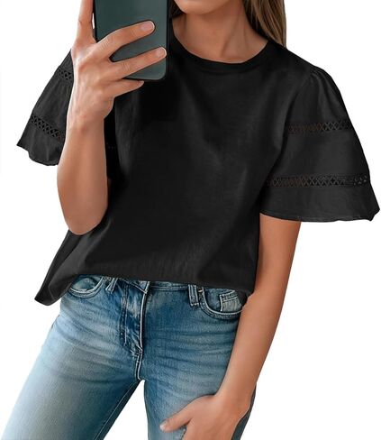 Tankaneo Womens Eyelet Short Sleeve Tops Trendy Casual Loose Fit Tunics Crewneck Summer T Shirts in Saudi Arabia
