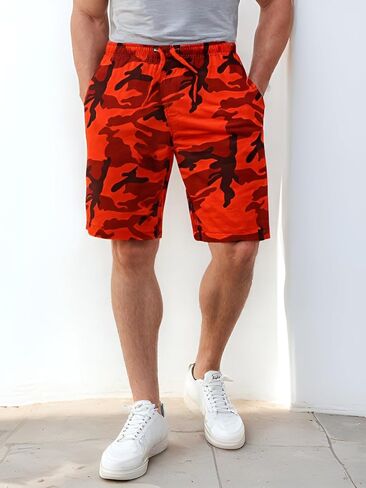 Men's 100% Cotton Elastic Waist Orange-Red-Black Camouflage Shorts in Saudi Arabia