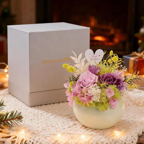 Preserved Flowers Arrangement in mini Ceramic vase Real Touch Forever Roses Gifts for Women (Pink) in Saudi Arabia